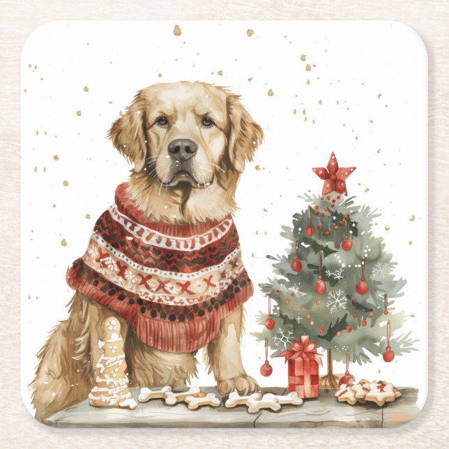 Hund för Jul Golden Retriever Underlägg Papper Kvadrat (Framsidan)