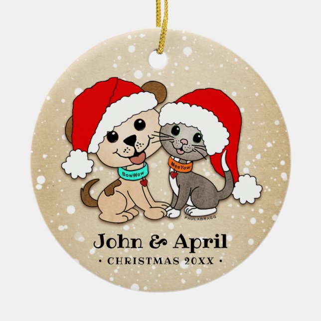 Hund för jultecknadkatt julgransprydnad keramik (Framsidan)