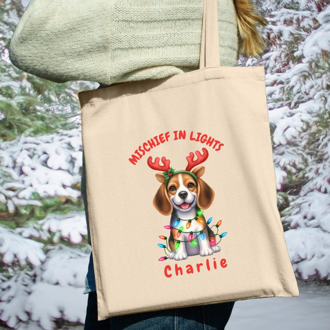 Hund för lekfull vattenfärgsbeagle Jul Ljus Tygkasse (Carry festive cheer with this custom fun Beagle dog tote bag. A perfect gift for dog lovers.)