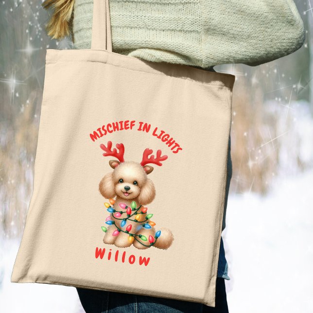 Hund för Pudel-julen Ljus Tygkasse (Carry festive cheer with this custom fun Poodle dog tote bag. A perfect gift for dog lovers.)