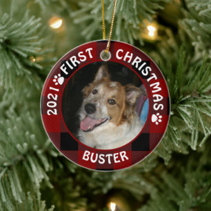 Hund FÖRST CHRISTMAS Red Buffalo Play 2 Photo Julgransprydnad Keramik