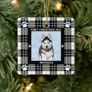 Hund FÖRST CHRISTMAS svartvit utskrift Julgransprydnad Keramik