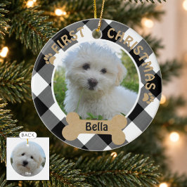 Hund FÖRSTA CHRISTMAS 2-sidig 2-fotoluffalokontrol Julgransprydnad Keramik