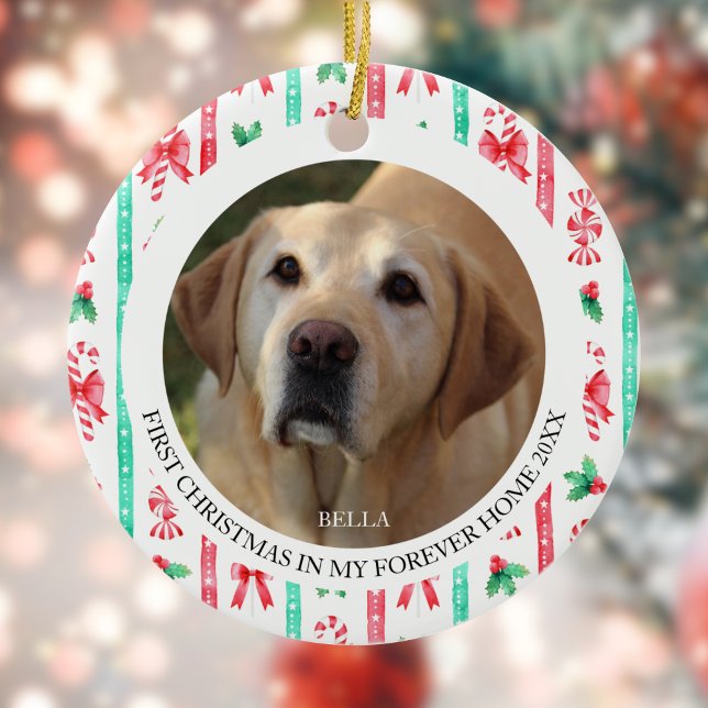 Hund första jul i Forever Home 2 Photo Julgransprydnad Keramik (Dog's First Christmas in Forever Home 2 Photo Ceramic Ornament)