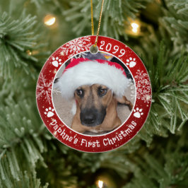 Hund Första jul Snöflingor 2 Fotoröd Julgransprydnad Keramik