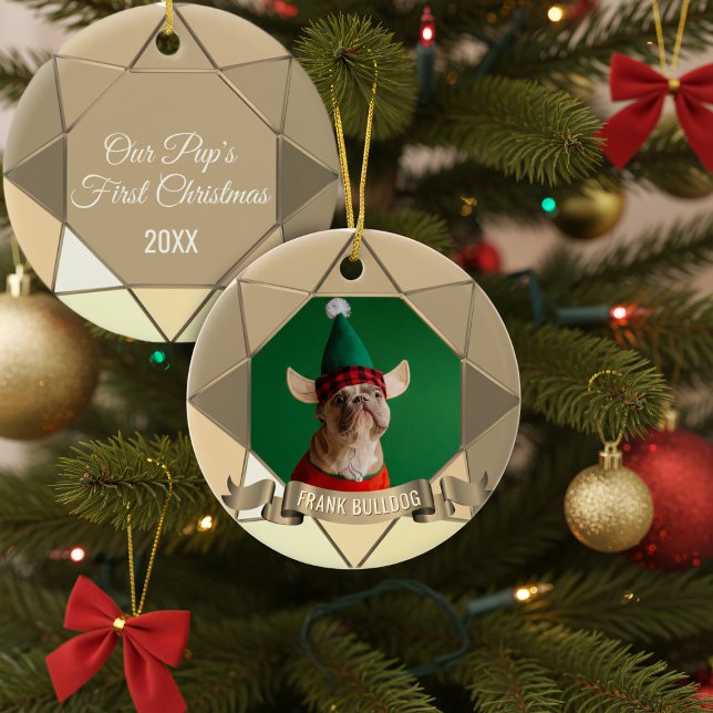 Hund Första julfoto Ceramic Ornament (Add your best friend's photo and name to this gold colored First Christmas Ornament)
