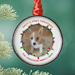 Hund första julklapp Anpassningsbar Puppy Keepsak Julgransprydnad Metall<br><div class="desc">Den här snygga julfotona med valp har en skarp,  vacker del av Julafton ljus som ger hund foto en fin cirkel. Anpassa ditt eget meddelande på grund i rött för en färgstark helgdag. Anpassa för din valps första jul med din familj.</div>