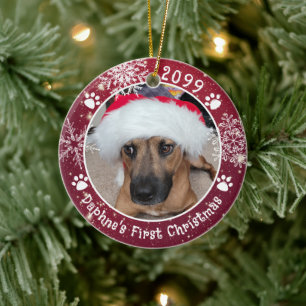 Hund Första Julsnöflingor 2 Bilder Julgransprydnad Keramik