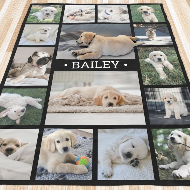 Hund Foto Collage Elegant Modern Svart och Vitt Fleecefilt (Skapare uppladdad)