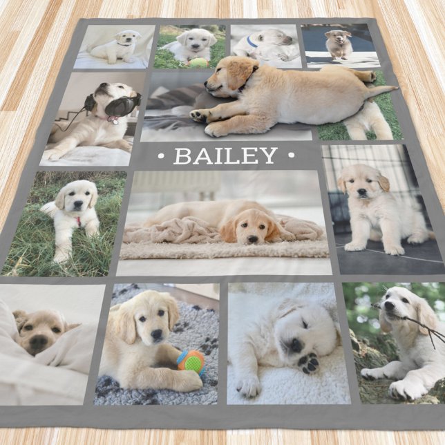 Hund Foto Collage Enkel Modern Grå och Vit Fleecefilt (Skapare uppladdad)