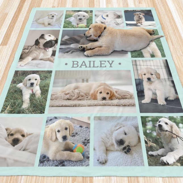 Hund Foto Collage Enkel Modern Tealblå och Grå Fleecefilt (Skapare uppladdad)