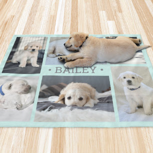 Hund Foto Collage Söt Enkel Teal Blå och Grå Fleecefilt