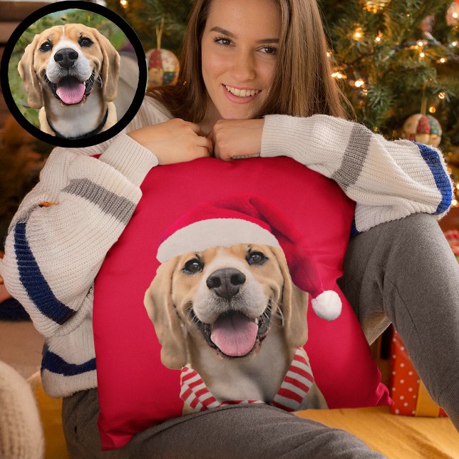 Hund Foto med digitalt julhatt och scarf present Kudde (Skapare uppladdad)