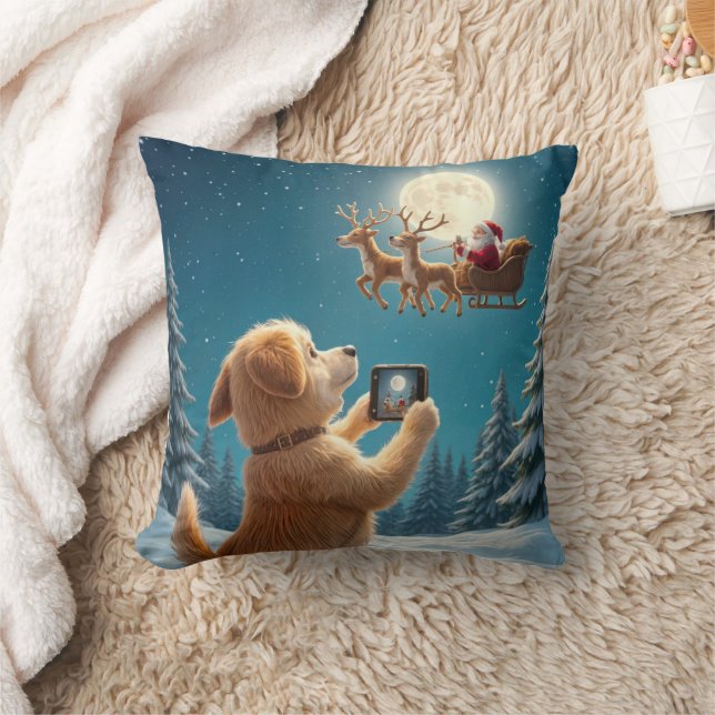 Hund fotograferar Tomte i släde Kudde (Filt)