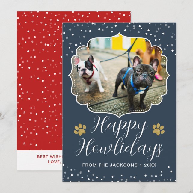Hund-fotot för vitskript i lycklig Howlidays Julkort (Fram/baksida)