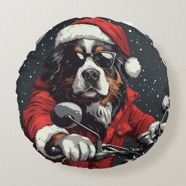 Hund från Jul Bernese Mountain Rund Kudde (Framsidan)