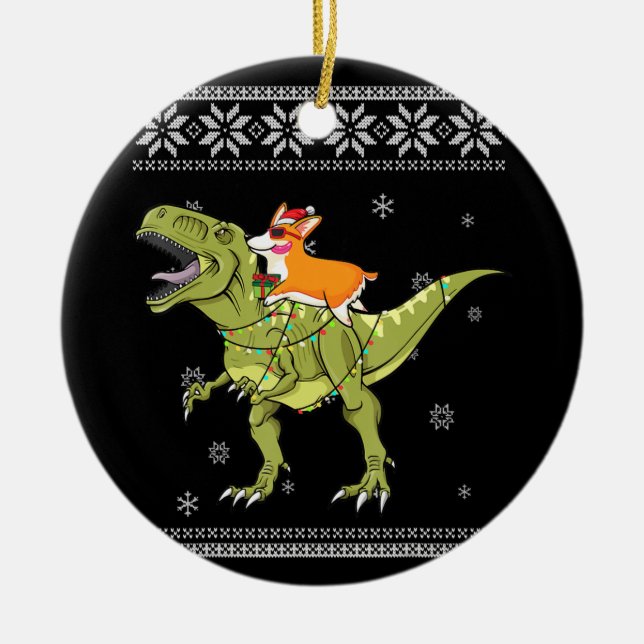Hund Gift| Corgi Riding T Rex Dinosaur jul Julgransprydnad Keramik (Framsidan)