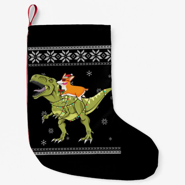 Hund Gift| Corgi Riding T Rex Dinosaur jul Liten Julstrumpa (Framsidan)