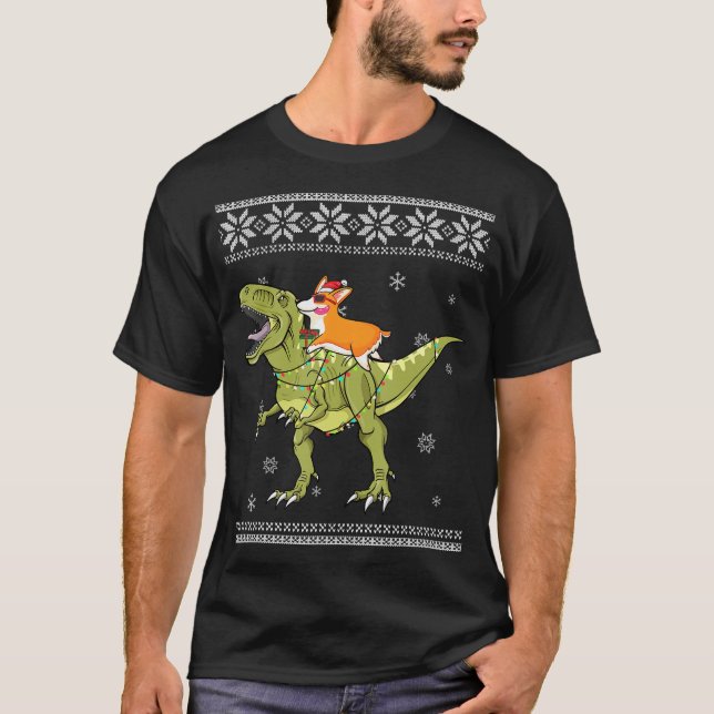 Hund Gift | Corgi Riding T Rex Dinosaur jul Shirt (Framsida)