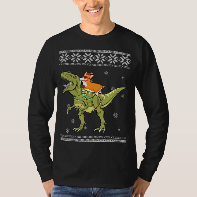 Hund Gift | Corgi Riding T Rex Dinosaur jul T Shirt (Framsida)