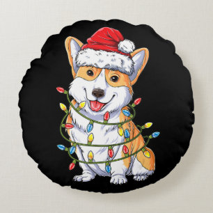 Hund Gift Corgi Santa Julgran Ljus Julafton Rund Kudde