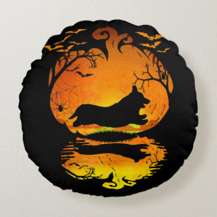 Hund Gift Corgi Silhouette Pumpkin Halloween Rund Kudde