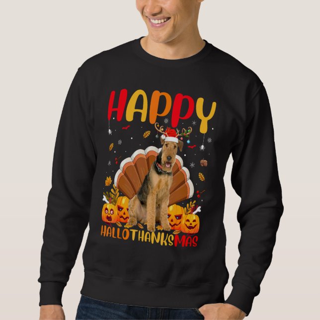 Hund  Glad Airedale Terrier Hellothanksmas Lång Ärmad Tröja (Framsida)