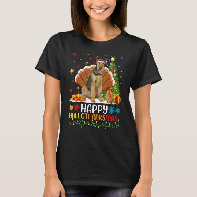 Hund   Glad Airedale Terrier Hund Hellothanksmas T Shirt (Framsida)