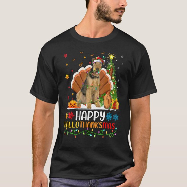 Hund   Glad Airedale Terrier Hund Hellothanksmas T Shirt (Framsida)
