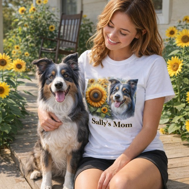 Hund Gräns Collie T-Shirt (Summer style "Dog Mom" sunflower and border collie T-shirt. )