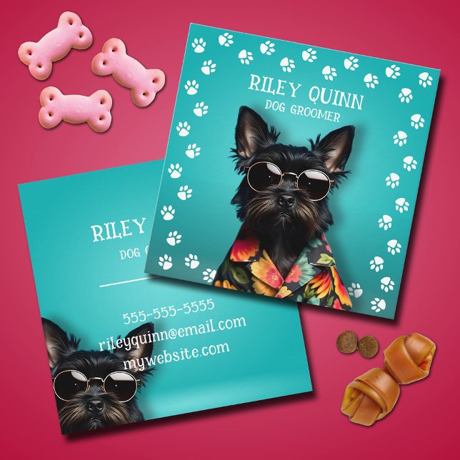 Hund Groomer Paw Skriv ut Gräns Fyrkantigt Visitkort (Dog Groomer pawprint border square business cards)
