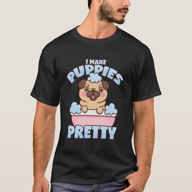 Hund Groomer Pug Hund Puppy Bathtub Hund Salon T Shirt (Framsida)