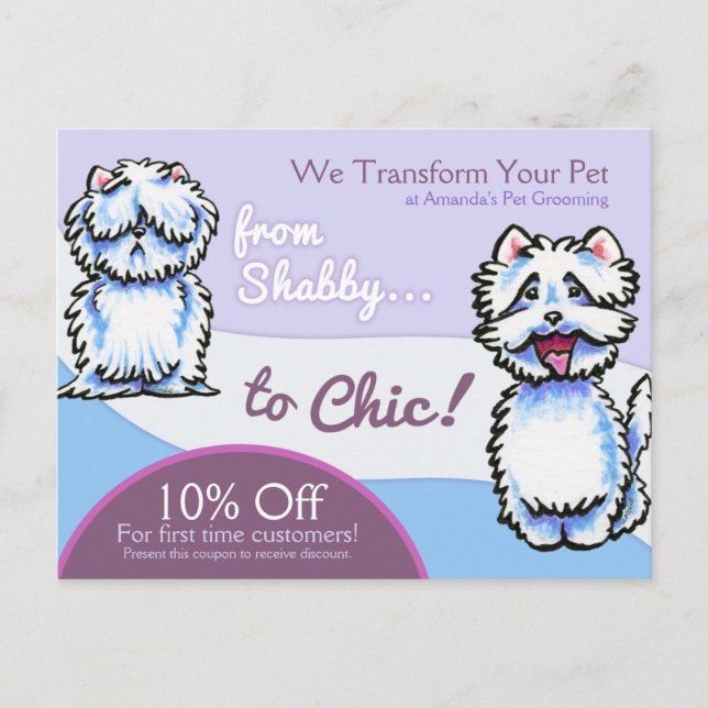 Hund Groomer Shabby chic Westie Coupon Mailer Vykort (Framsida)