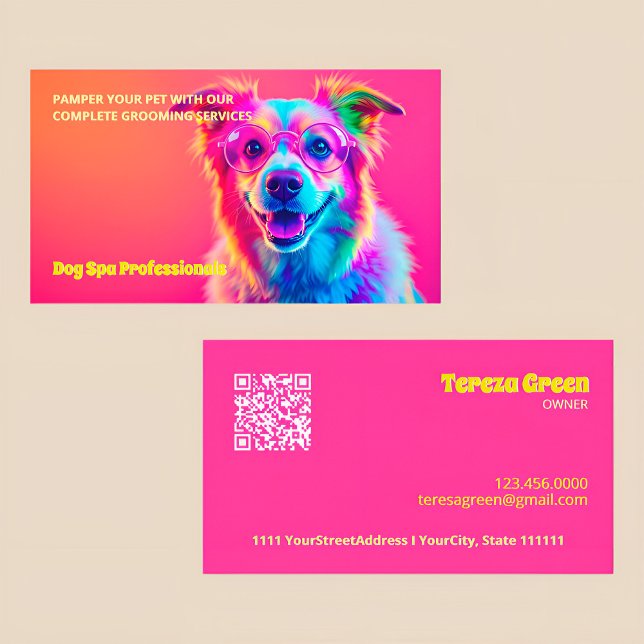 Hund Grooming Neon QR Visitkort (Dog Grooming Business Cards)