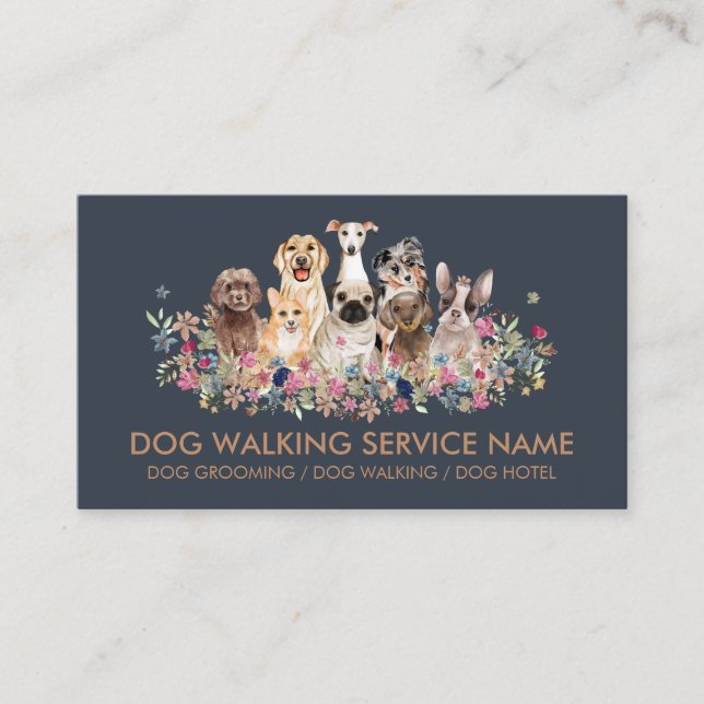 Hund Grooming Pet Service Flowers Simple Navy Visitkort (Framsida)