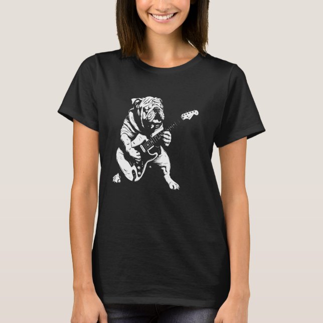 Hund Guitarist Guitar - English Bulldog Pappa Mamm T Shirt (Framsida)
