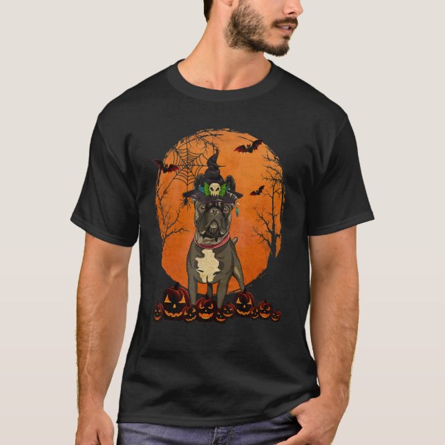 Hund Halloween Fransk Bulldog Jack o lantern Pumpk T Shirt (Framsida)
