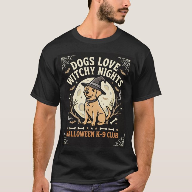 Hund Halloween Häxa Måne T Shirt (Framsida)