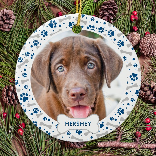 Hund Helgdag Tass avtryck Blue Personlig Pet Photo Julgransprydnad Keramik (Skapare uppladdad)
