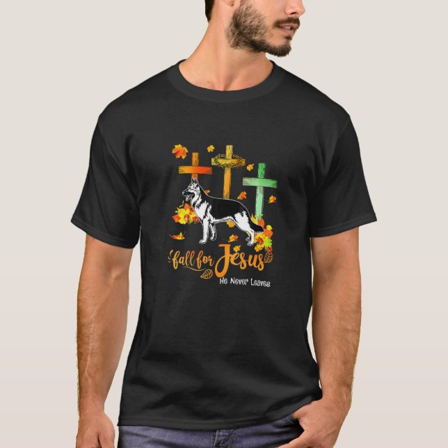 Hund hösten sjunker för Jesus. Han Lämnar aldrig t Shirt (Framsida)