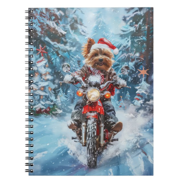 Hund i Biewer Terrier Riding Motorcykel jul Anteckningsbok (Framsidan)