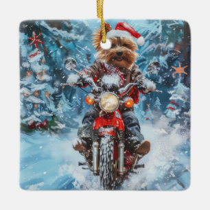 Hund i Biewer Terrier Riding Motorcykel jul Julgransprydnad Keramik