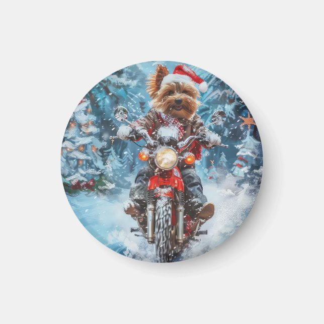Hund i Biewer Terrier Riding Motorcykel jul Magnet (Framsidan)