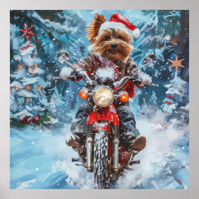Hund i Biewer Terrier Riding Motorcykel jul Poster (Framsidan)