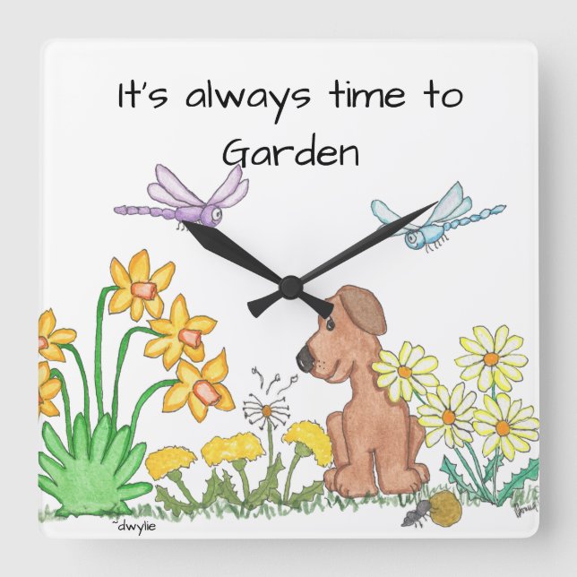 Hund i blomsterträdgård fyrkantig klocka (Framsida)