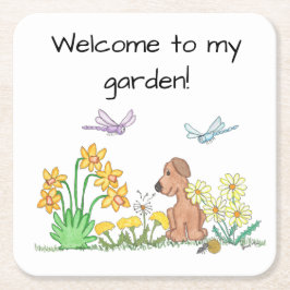 Hund i blomsterträdgård underlägg papper kvadrat