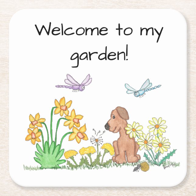 Hund i blomsterträdgård underlägg papper kvadrat (Framsidan)