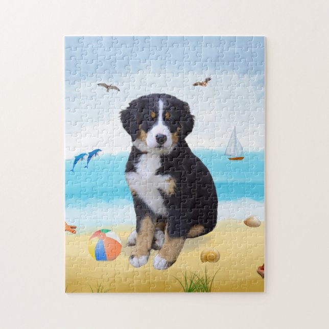 hund i det bernesiska berget på strand pussel (Vertikal)
