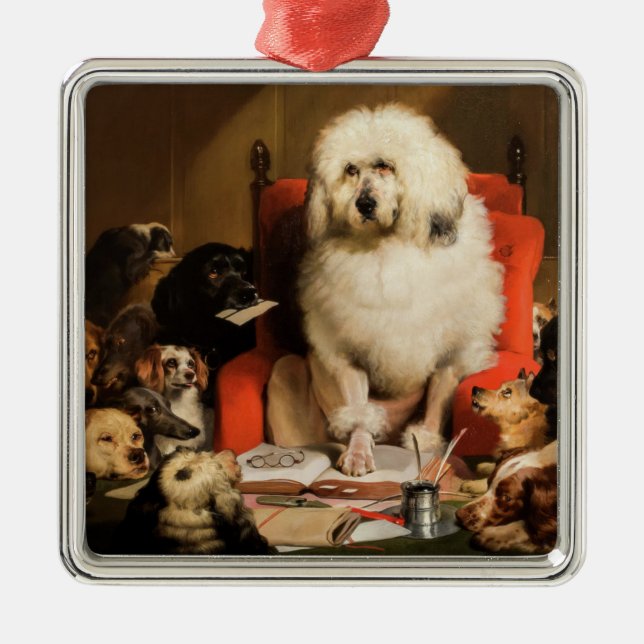 Hund i egenskap av domare som fastställer lagen i  julgransprydnad metall (Framsidan)