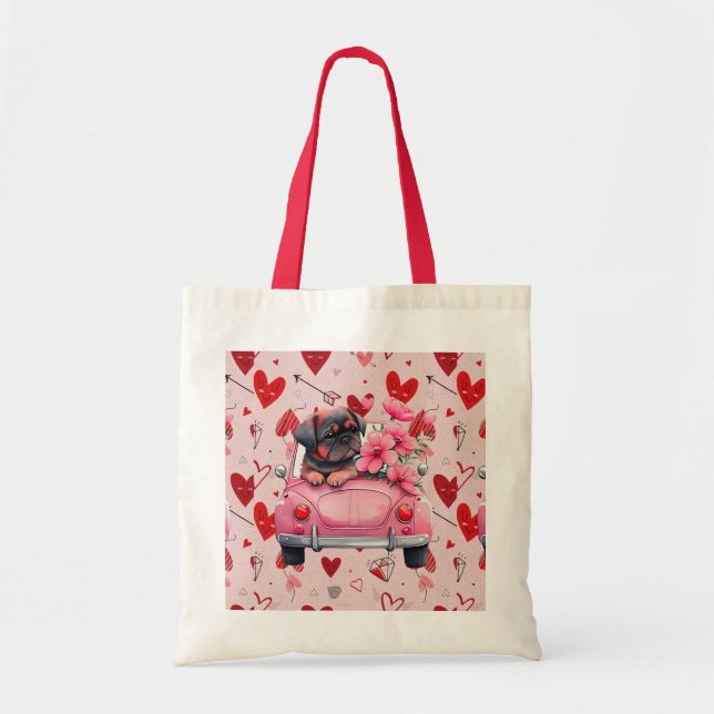 hund i en bil med hjärtan tygkasse (Framsidan)